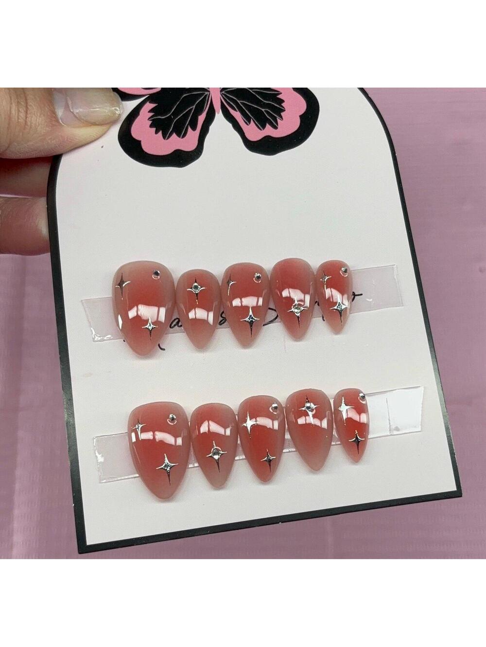 Extra short stiletto Press on nails red aura silver chrome rhinestones nude gel